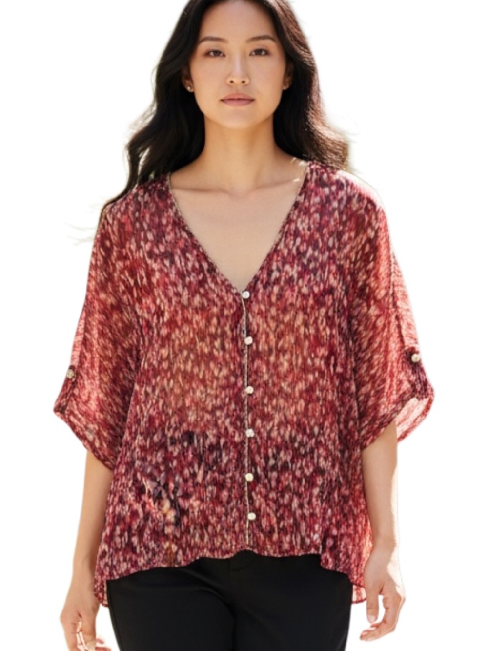 Converse Red Patterned V-Neck Button Blouse